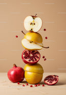 Stacked sliced fruits with pomegranate seeds on beige