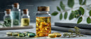 Capsules and Tablets in Glass Bottle with Herbal Leaves and Supplements