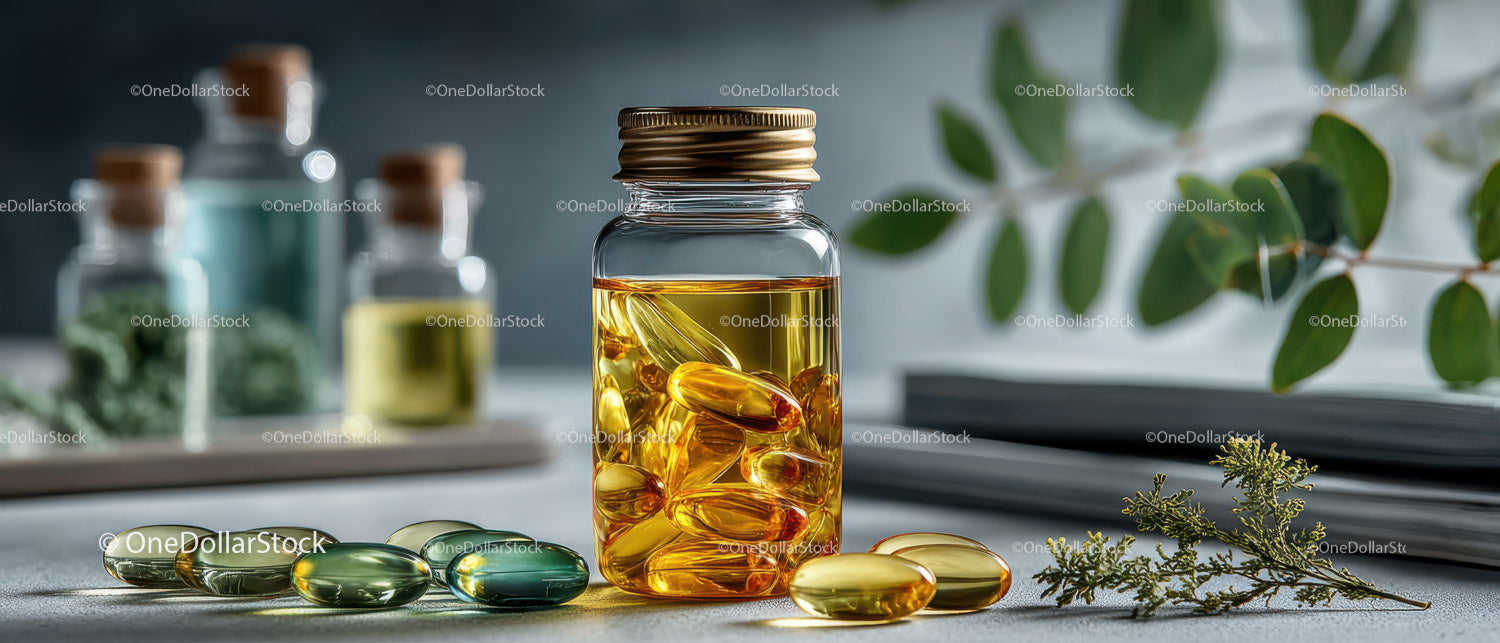 Capsules and Tablets in Glass Bottle with Herbal Leaves and Supplements