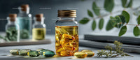 Capsules and Tablets in Glass Bottle with Herbal Leaves and Supplements