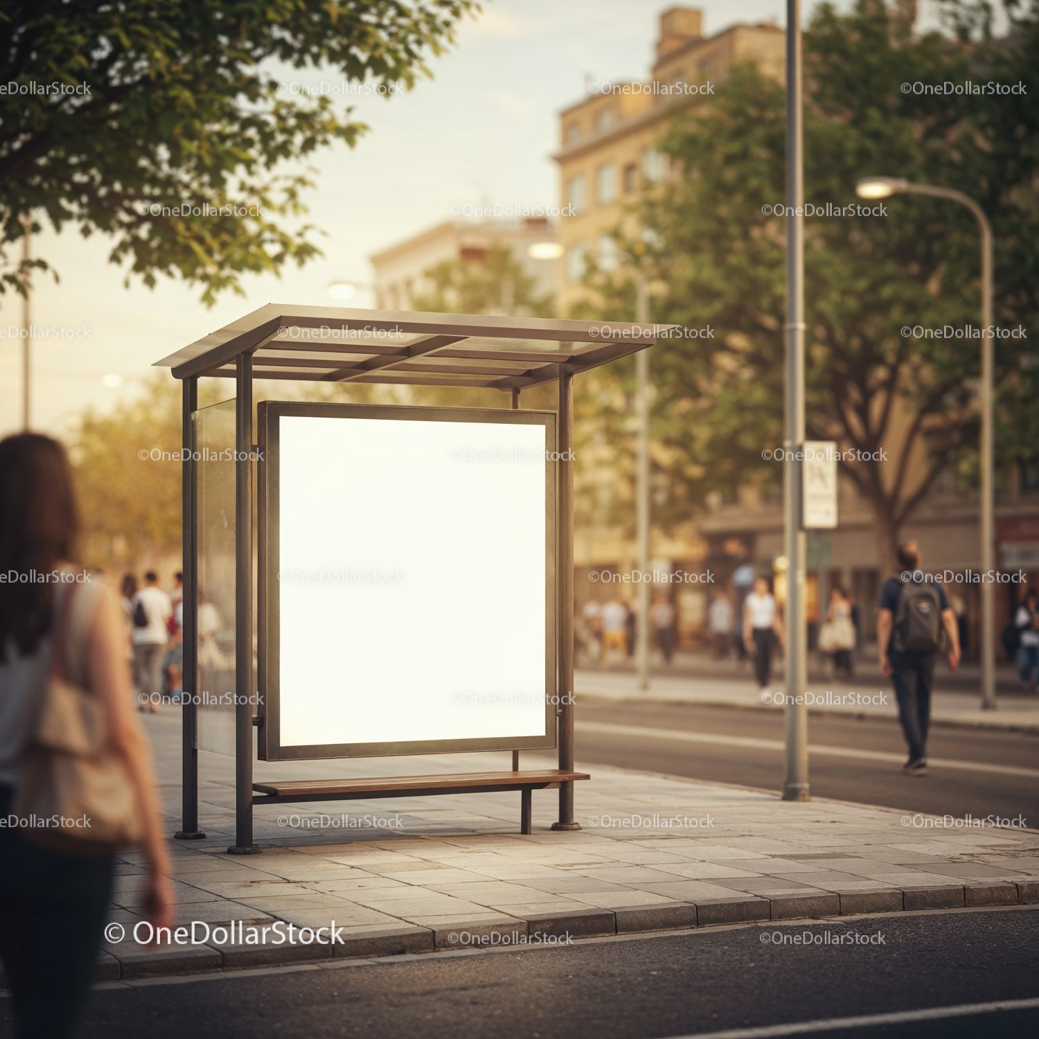 Urban bus stop with blank advertisement board at sunset