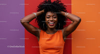 Vibrant Woman with Big Smile Against Colorful Wall