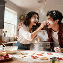 Couple Laughing While Decorating Valentine Cookies Together