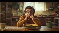 Man with glasses making funny face at breakfast table in cozy kitchen