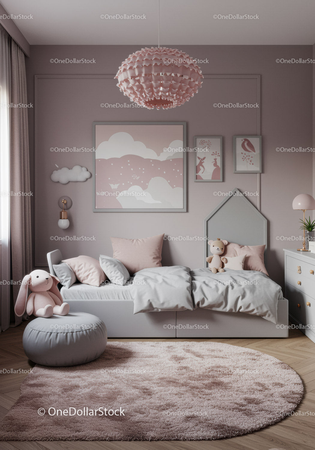 Cozy Pastel Kids Bedroom with Plush Toys and Wall Art