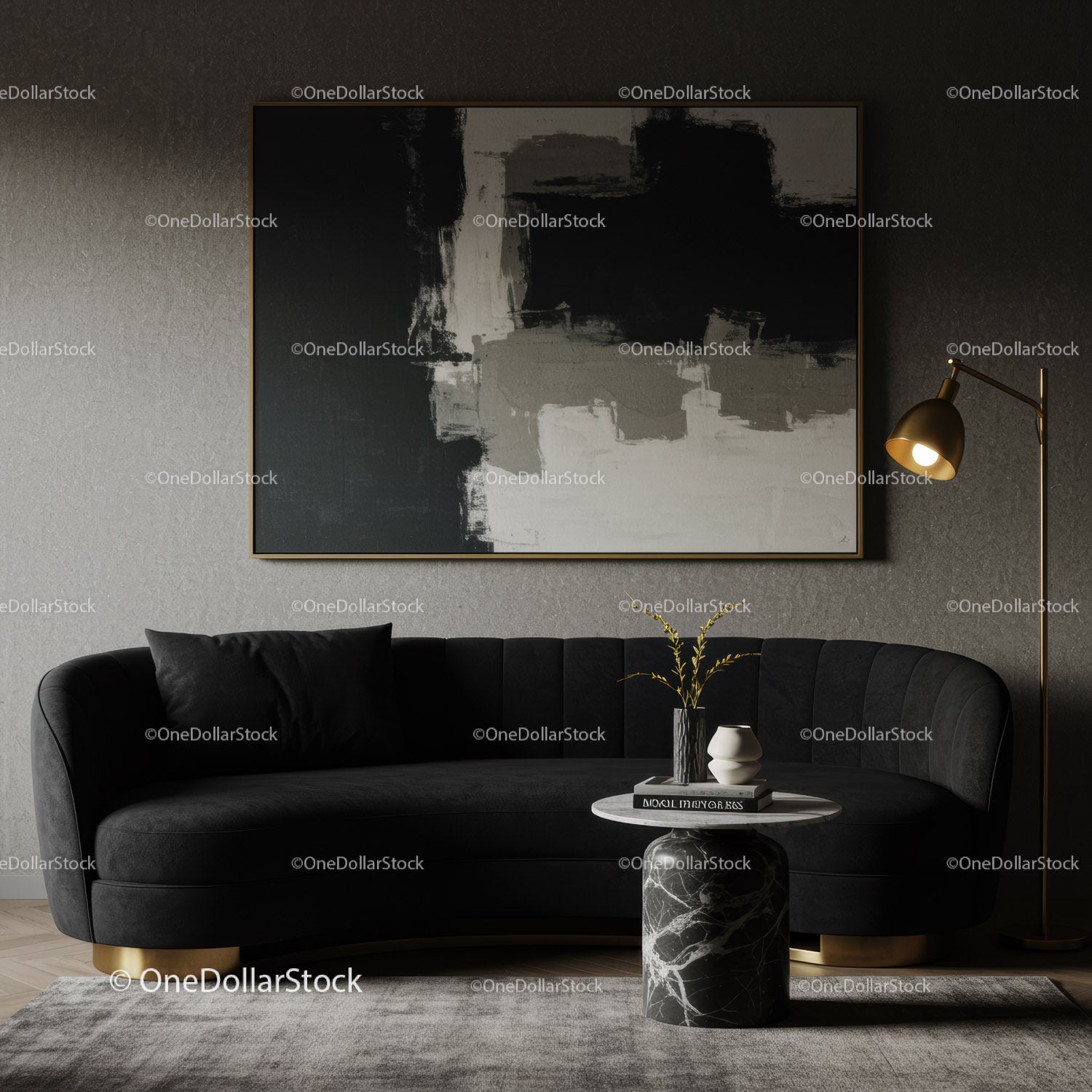 Modern black velvet sofa with elegant marble side table