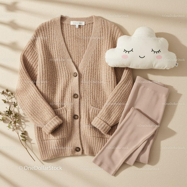 Cozy beige cardigan with leggings and cloud pillow
