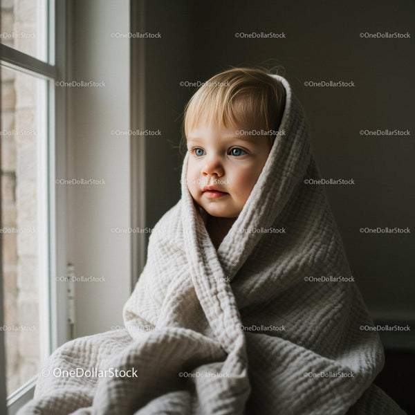 Zamyślone dziecko owinięte w przytulny koc przy oknie