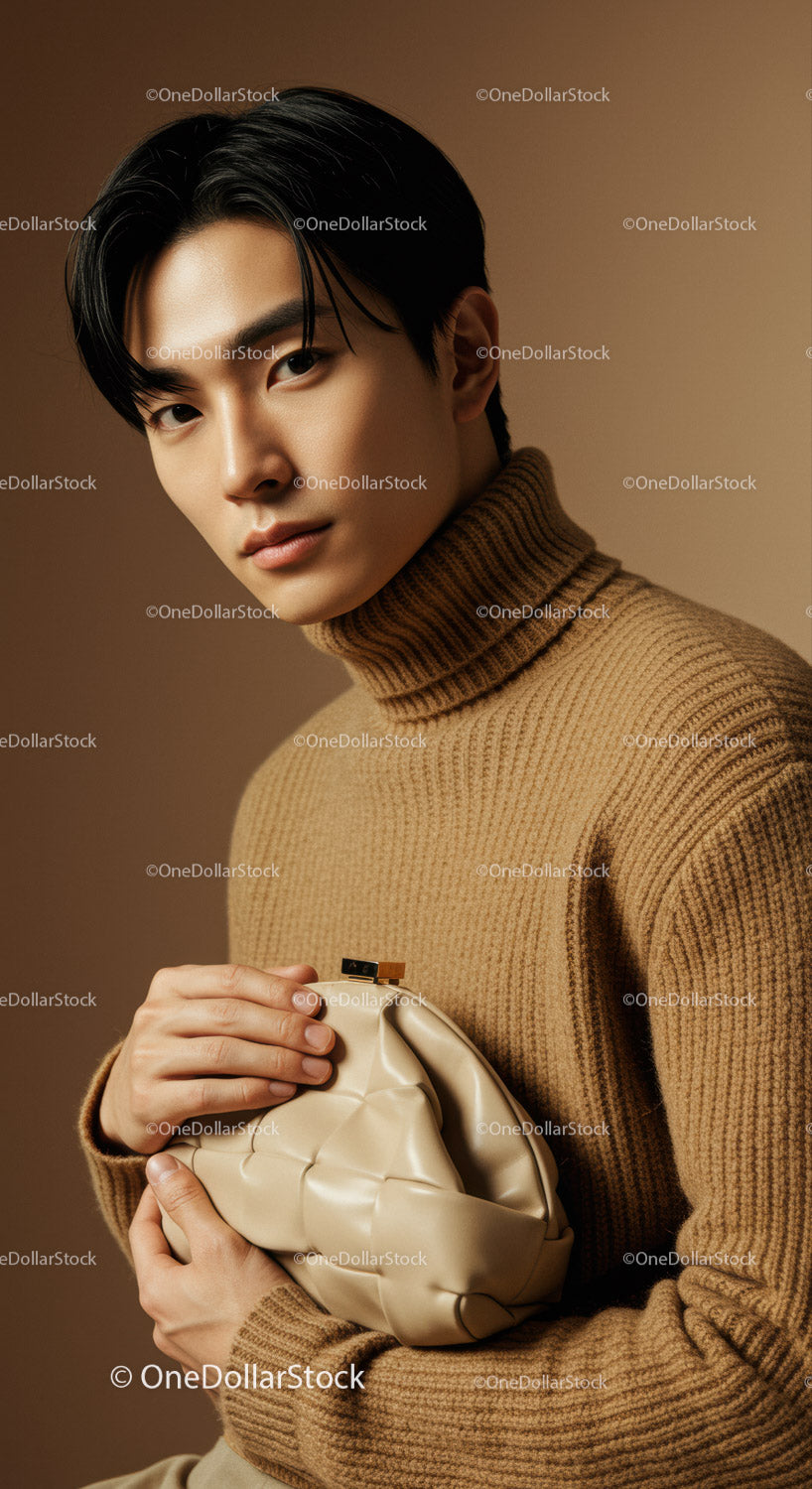 Elegant Asian Man in Beige Turtleneck Holding Clutch in Studio