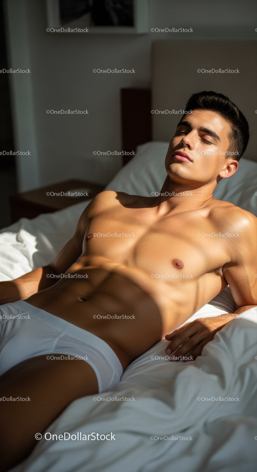 Relaxed young man resting in sunlight on bed