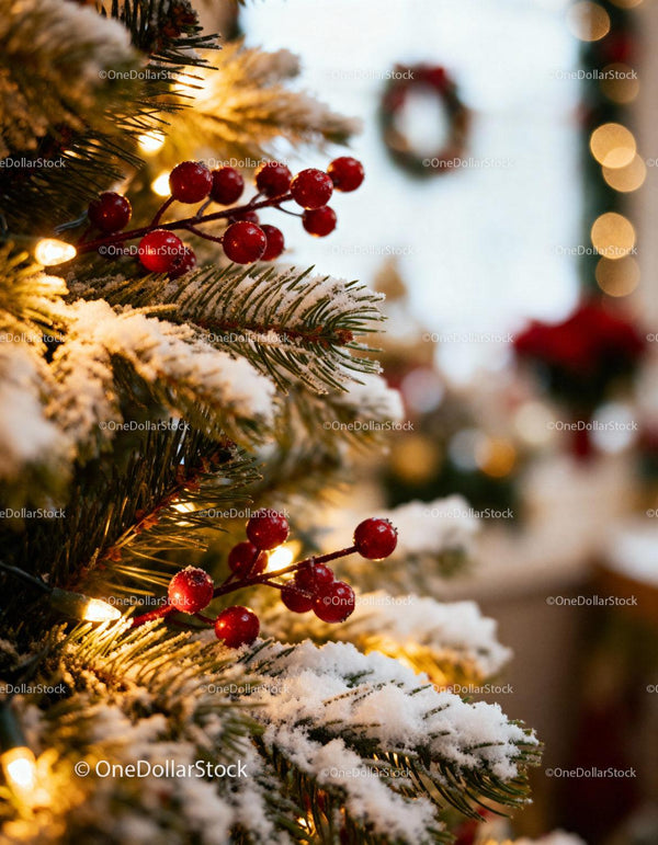 Snow-dusted Christmas tree branch with festive red berries