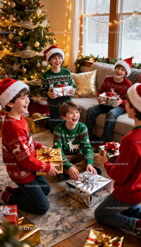 Children Enjoying Christmas Gifts by Festive Tree