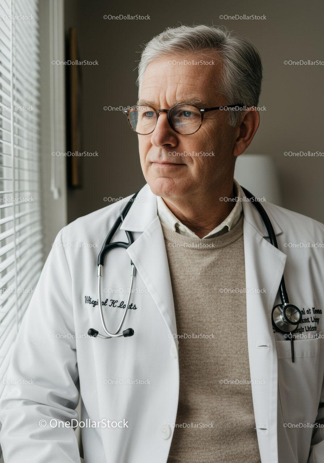 Senior male doctor in medical coat with stethoscope looking out window