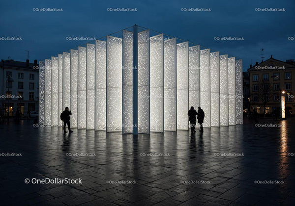 Illuminated Modern Art Installation in Urban Public Space JPG Mockup Image