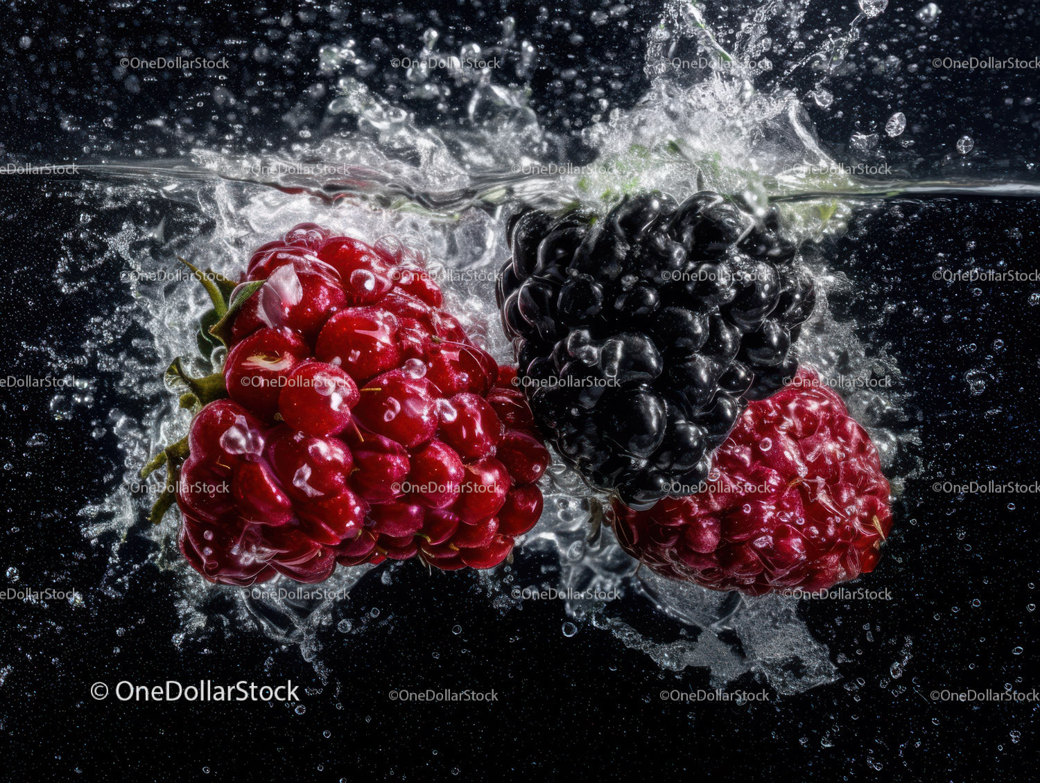 Fresh Red Raspberry and Blackberry Splash in Water