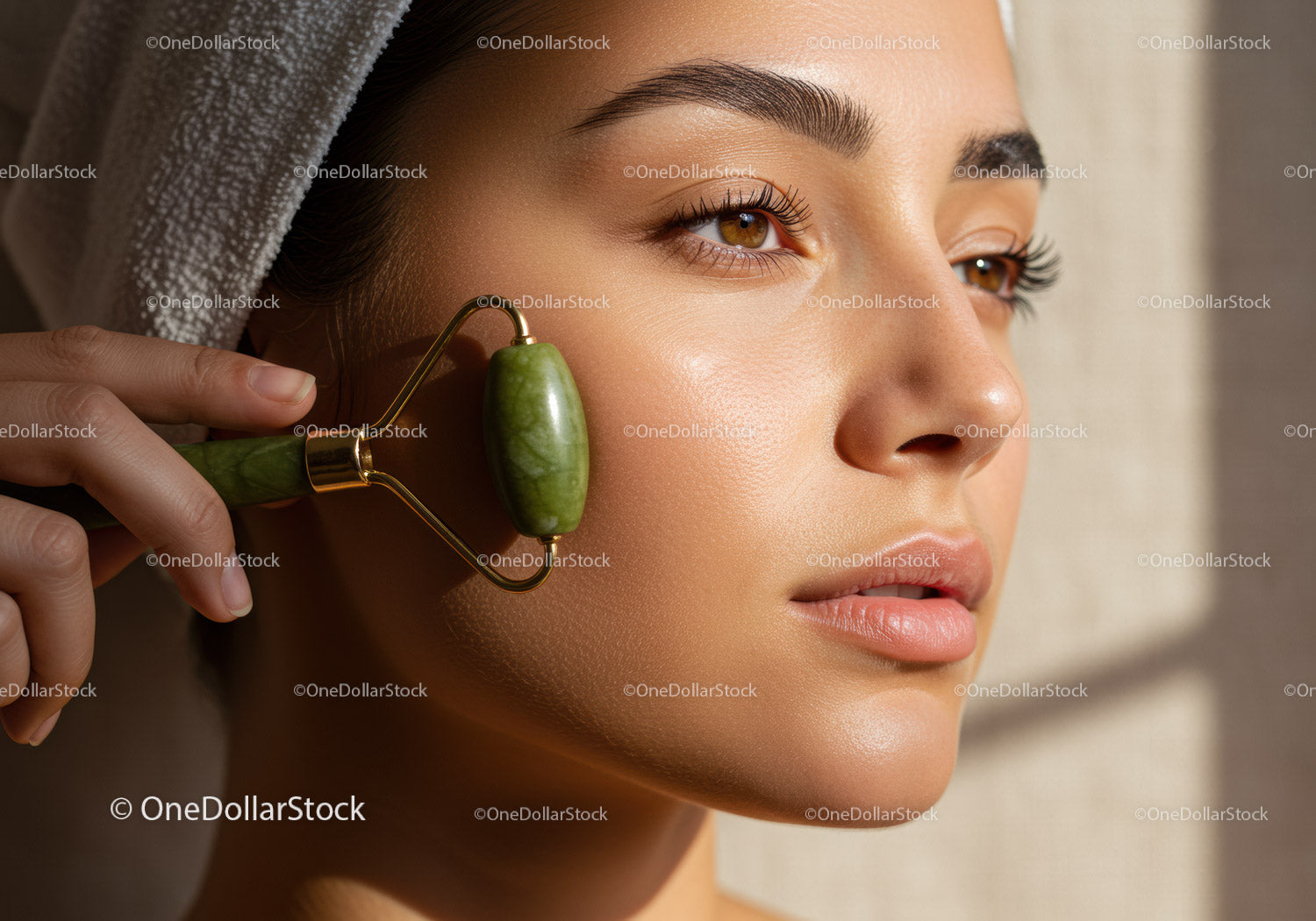 Close-Up of a Woman Using a Jade Roller for Skincare