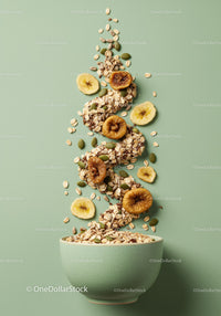 Healthy granola and dried fruit bowl with seeds