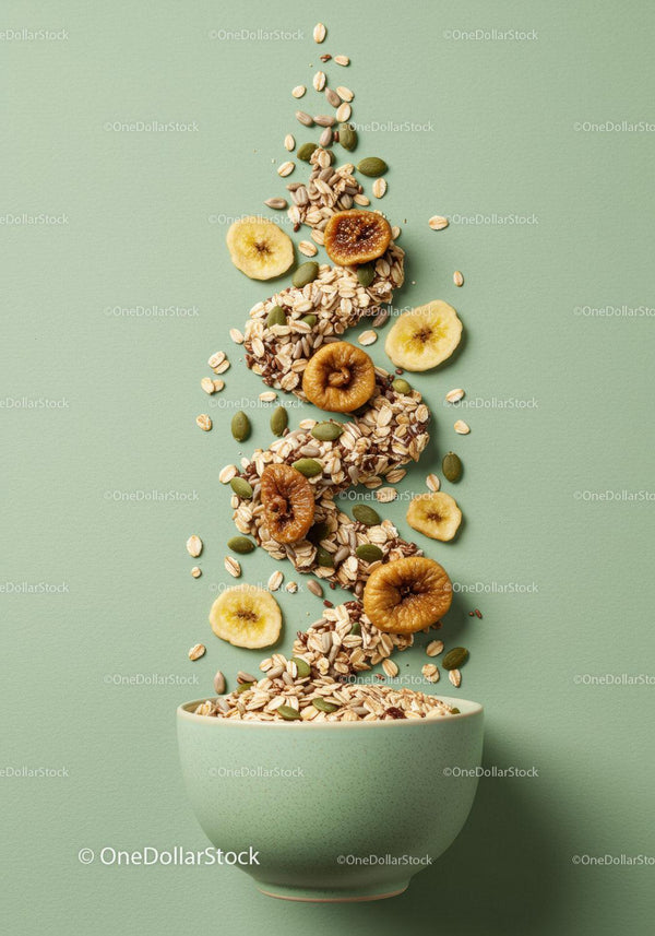 Healthy granola and dried fruit bowl with seeds