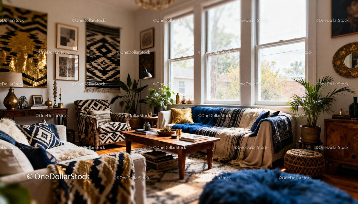 Cozy living room with patterned textiles and natural light