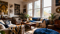 Cozy living room with patterned textiles and natural light