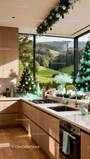 Modern kitchen with elegant turquoise Christmas decorations