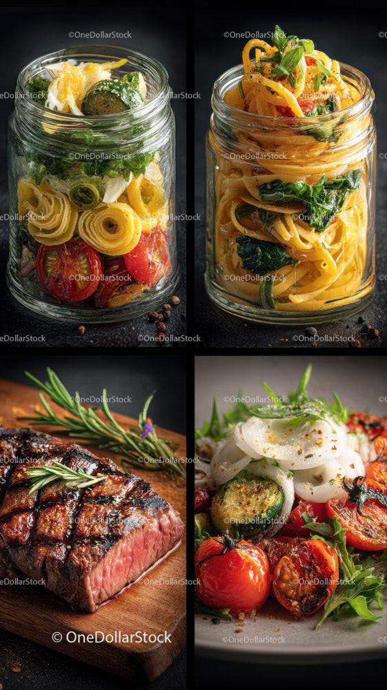 Assorted Fresh Pasta Salads and Grilled Steak for Gourmet Dining