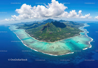Scenic Aerial View of Tropical Island with Green Mountains and Turquoise Beaches