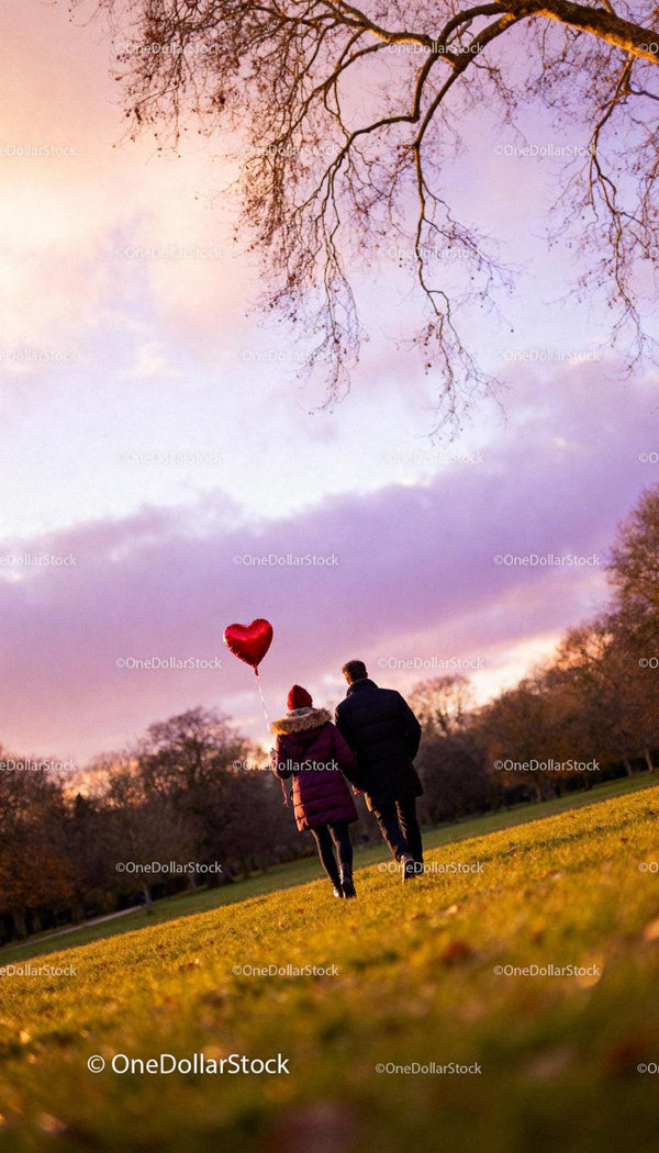 Couple Walking in Park Holding Heart-Shaped Balloon