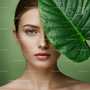 Close-up of a Woman's Face with Green Monstera Leaf