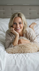 Smiling woman relaxing comfortably on cozy bed