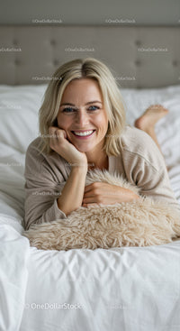 Smiling woman relaxing comfortably on cozy bed