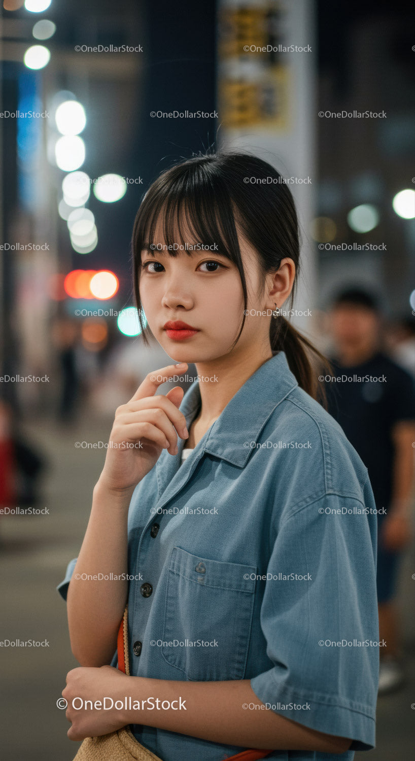 Young Woman Standing on City Street at Night with Urban Lights