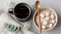 Cozy Breakfast Scene with Oatmeal Coffee and White Berries