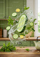 Refreshing cucumber and ginger splash in kitchen