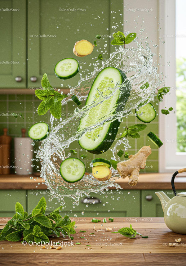 Refreshing cucumber and ginger splash in kitchen