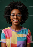 Vibrant Young Woman with Curly Hair and Glasses Wearing Colorful T-Shirt
