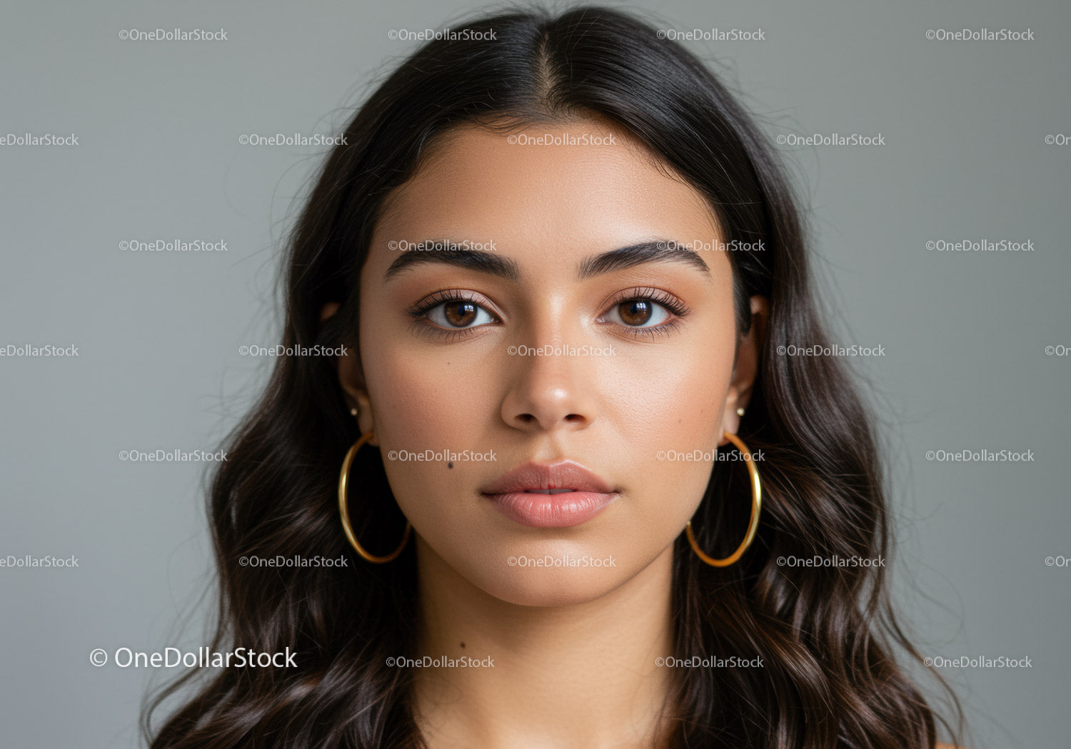 Elegant Woman with Brown Eyes and Long Dark Hair in Close-Up Portrait