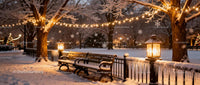 Snowy Park Benches with Warm Lantern Glow and String Lights