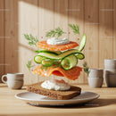 Fresh salmon sandwich ingredients floating on rye bread