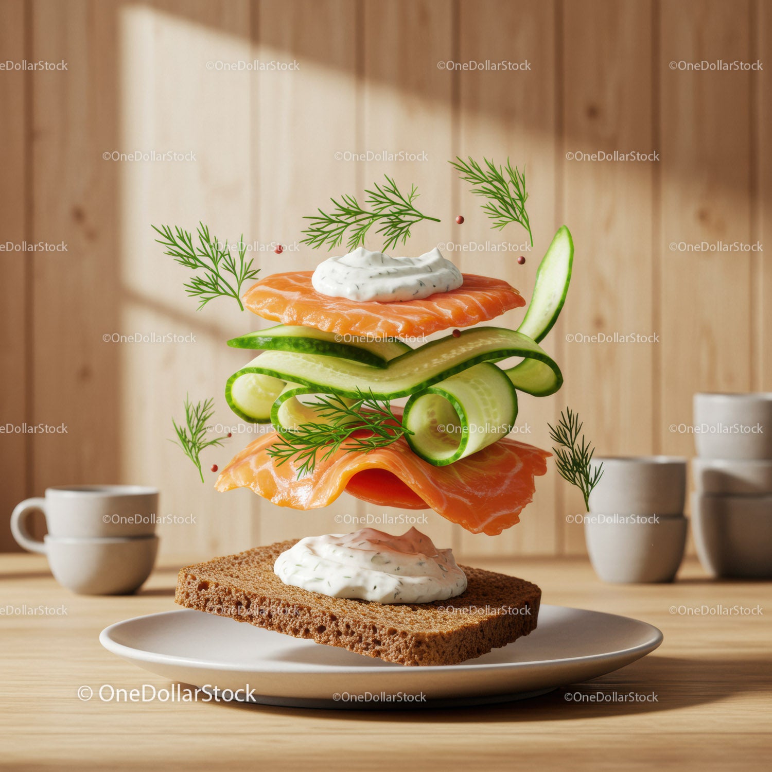 Fresh salmon sandwich ingredients floating on rye bread
