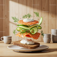Fresh salmon sandwich ingredients floating on rye bread