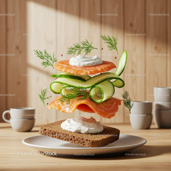 Fresh salmon sandwich ingredients floating on rye bread
