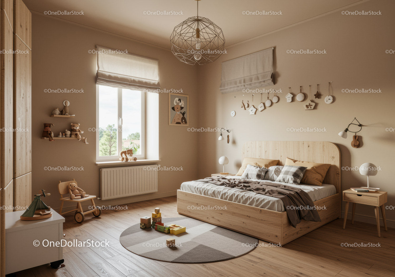 Cozy Childs Bedroom with Wooden Bed and Playful Decor
