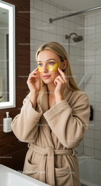 Woman with Under Eye Patches Applying Skincare in Bathroom