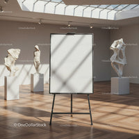 Blank canvas easel in modern art gallery interior