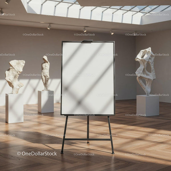 Blank canvas easel in modern art gallery interior JPG Mockup Image