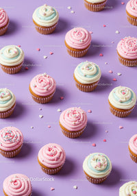 Delicate pastel cupcakes with heart sprinkles on lilac