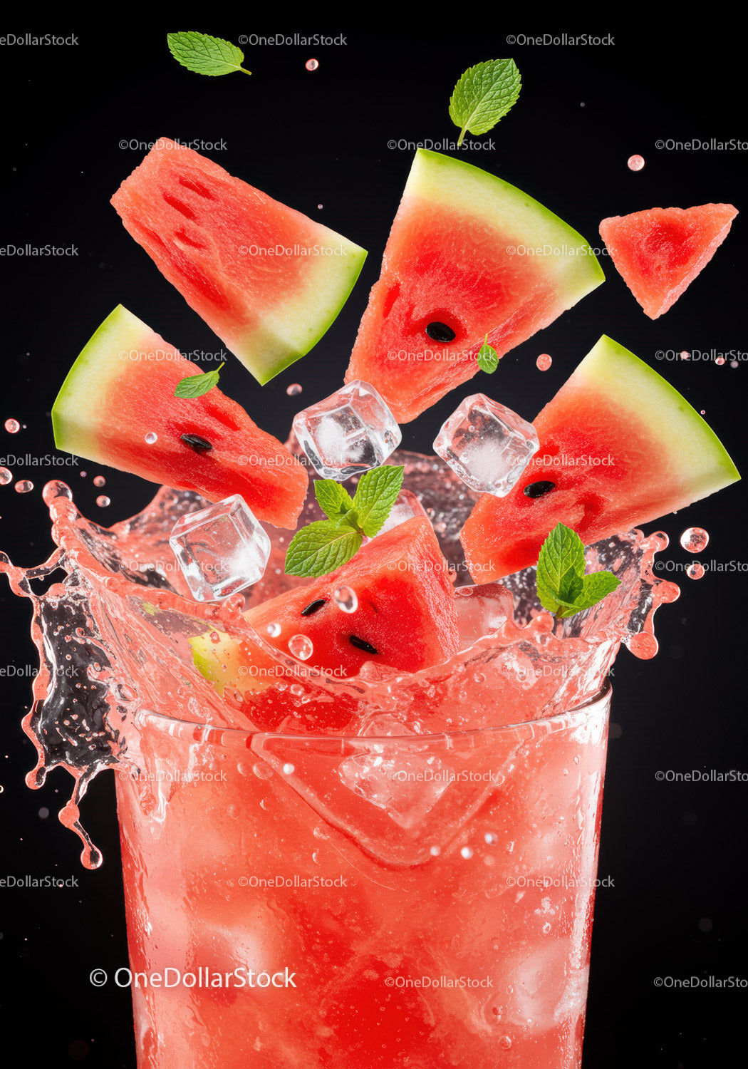 Refreshing Watermelon Splash with Ice and Mint Leaves