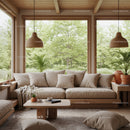 Cozy living room with large windows and natural light
