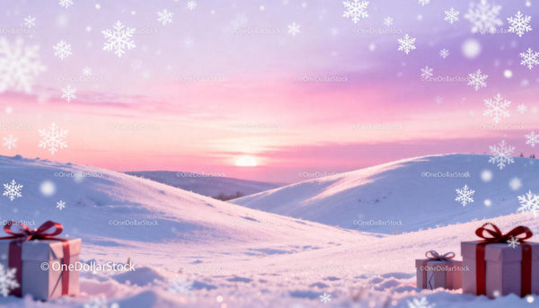 Winter sunset with snowy hills and festive gift boxes